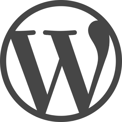 Logo WordPress simplifié, en noir sur fond transparent, avec la lettre "W" à l'intérieur d'un cercle, pour la création de sites web et le restyling et redesign.