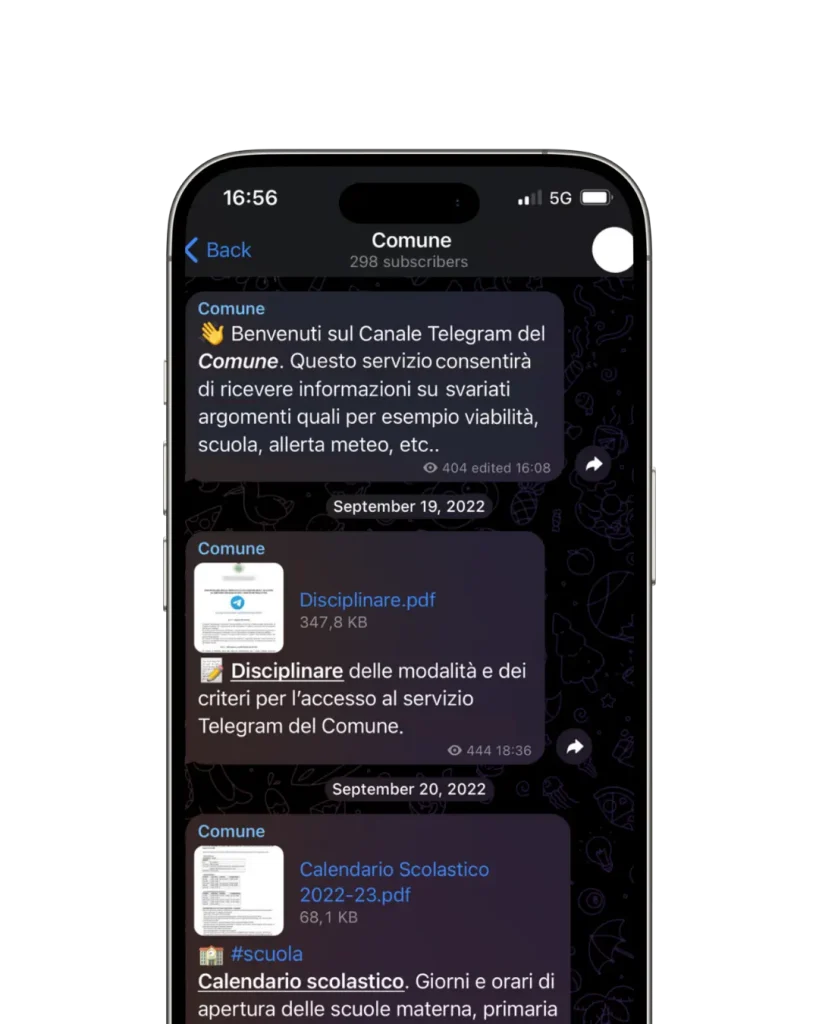 Screenshot eines Smartphones mit einem Telegram-Kanal namens „Comune“, mit Informationsnachrichten und PDF-Dokumenten.