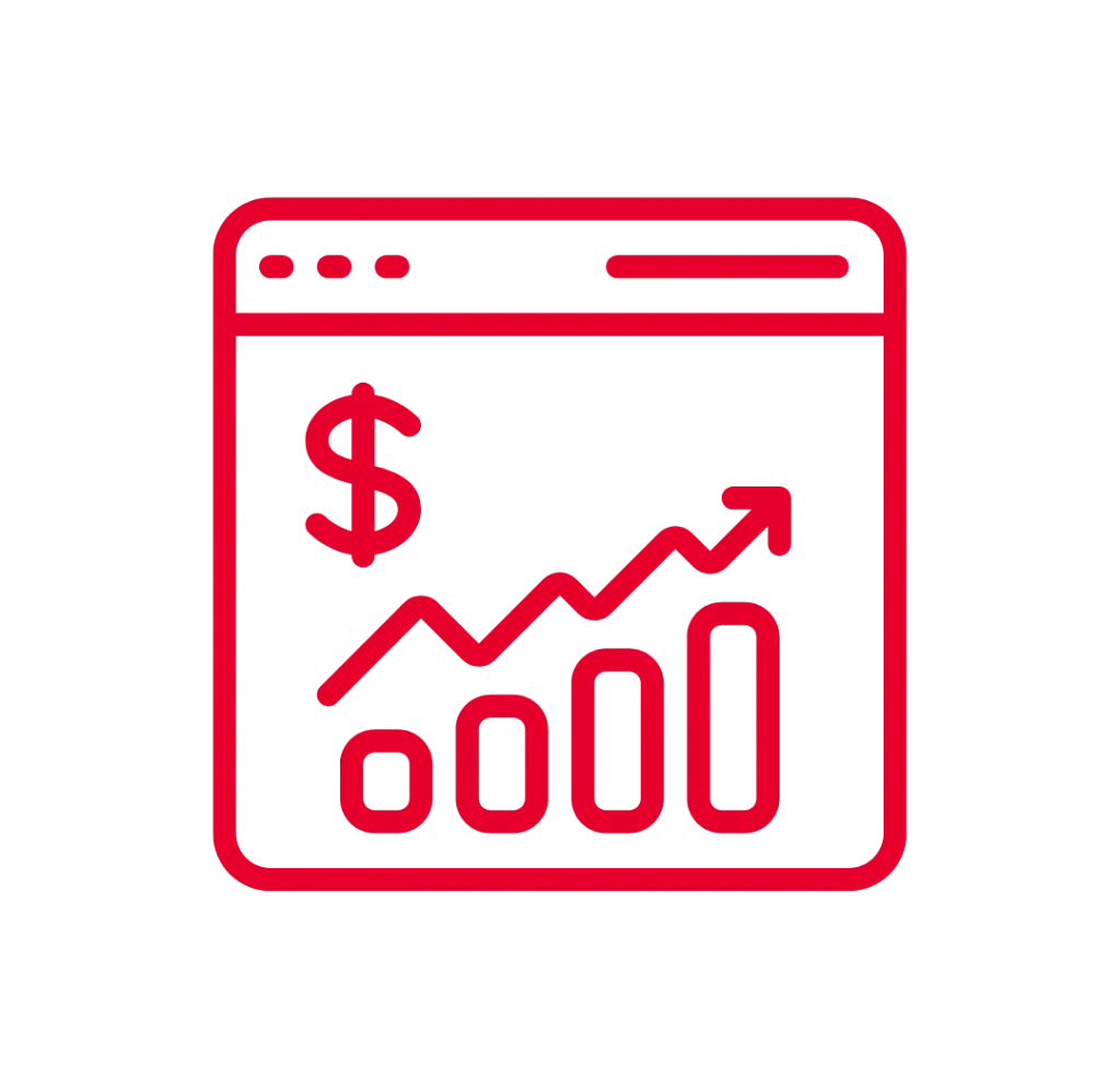 Icône d'une fenêtre web avec un graphique en croissance et un symbole dollar, symbole de la réalisation d'e-commerce.