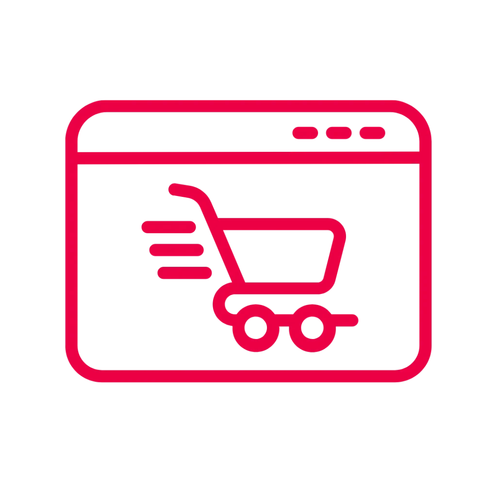Icône d'une fenêtre web avec un panier d'achat en mouvement, symbole de la réalisation d'e-commerce.