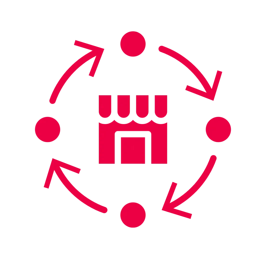 Icône rouge d'une boutique centrale avec des flèches circulaires reliant quatre points, symbole de la réalisation d'e-commerce.