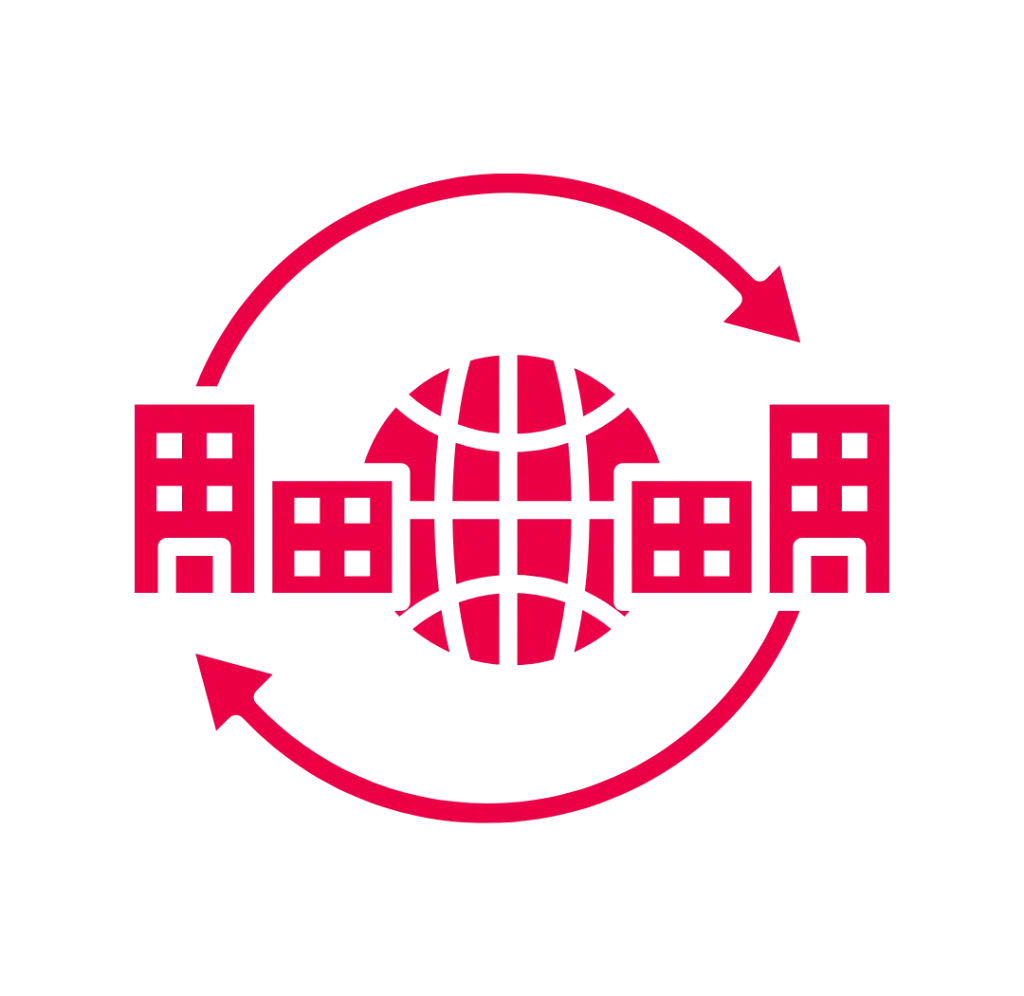 Icône rouge de bâtiments reliés par une flèche circulaire autour d'un globe, symbole de la réalisation d'e-commerce