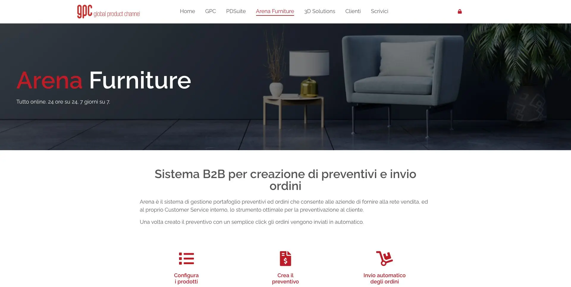 GPC 网站的 Arena Furniture 页面，包含 B2B 系统的详细信息。