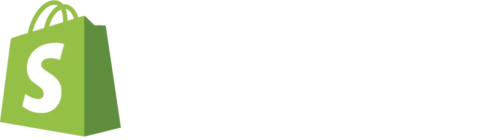 Logo de Shopify avec un sac vert et la lettre "S" blanche à côté du mot "Shopify" en blanc sur fond transparent, pour la réalisation de sites e-commerce.