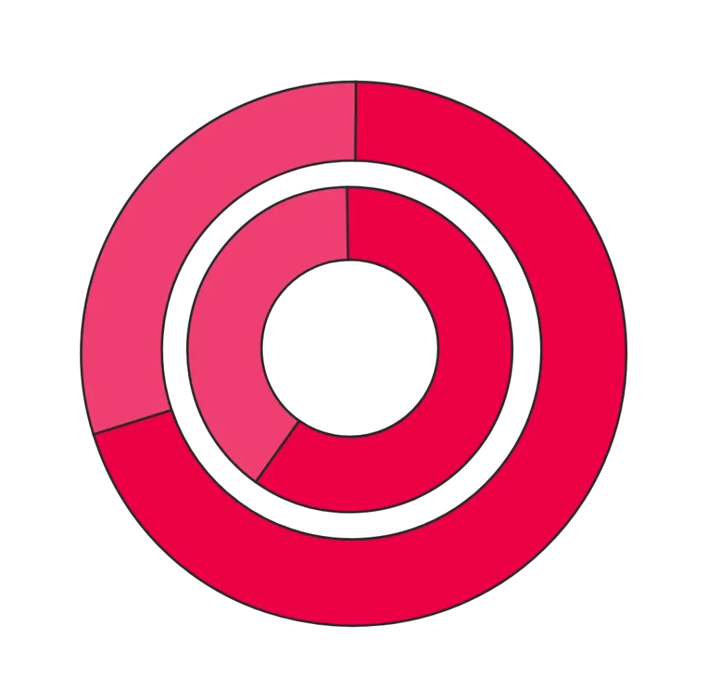 Doppeltes Ringdiagramm mit zwei konzentrischen Ringen in Rottönen auf schwarzem Hintergrund, in Abschnitte unterteilt.