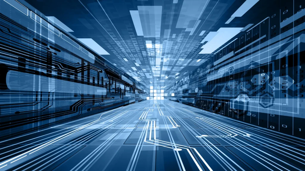Visualisation abstraite en bleu d'un tunnel numérique avec circuits, données binaires et lumières futuristes pour la digitalisation d'entreprise