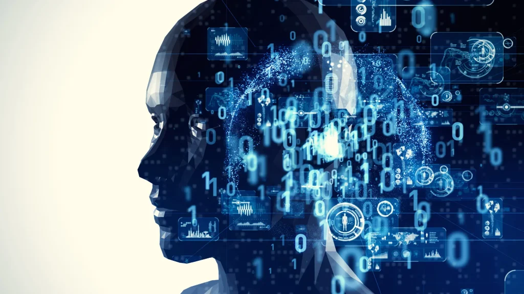 人脸的数字化轮廓与数据和数字界面融合，AI Focus 文章配图，用于解释什么是人工智能
