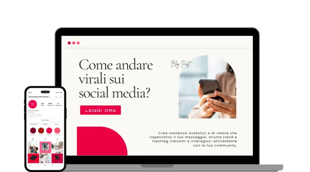 Bildschirm mit einem sichtbaren Artikel auf einem Laptop und einem Social-Media-Profil auf einem Smartphone, zur Veranschaulichung des Content-Marketing-Konzepts.