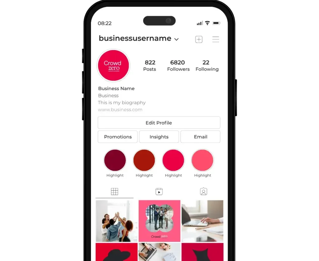 Perfil de empresa de Instagram visualizado en un smartphone para la gestión de redes sociales.