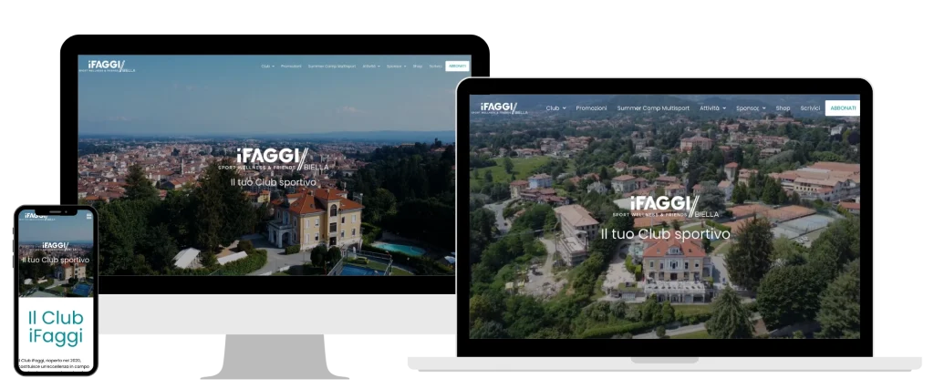 Responsive Ansicht der Website iFaggi Biella auf Smartphone, Tablet und Desktop, mit Luftaufnahme des Clubs.