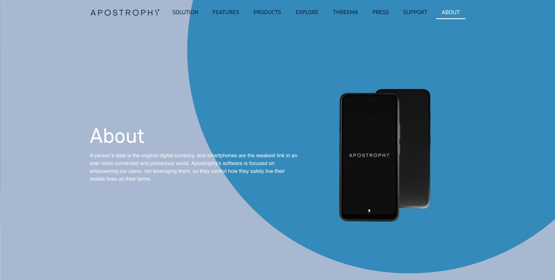 Apostrophy 的“About”页面，强调用户对数据的掌控是核心。