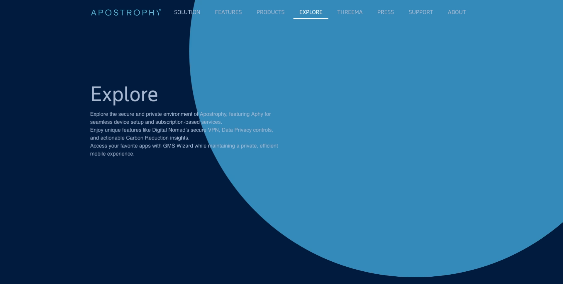 Apostrophy 的“Explore”板块界面，重点展示安全、VPN 和隐私工具。