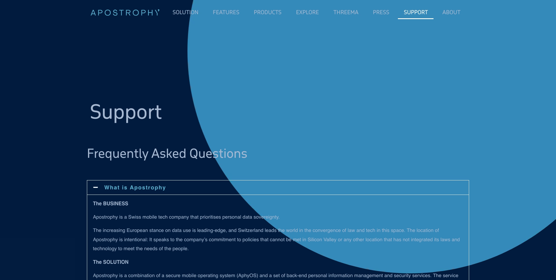 Apostrophy 网站的 FAQ 板块，包含公司及 AphyOS 操作系统的信息。