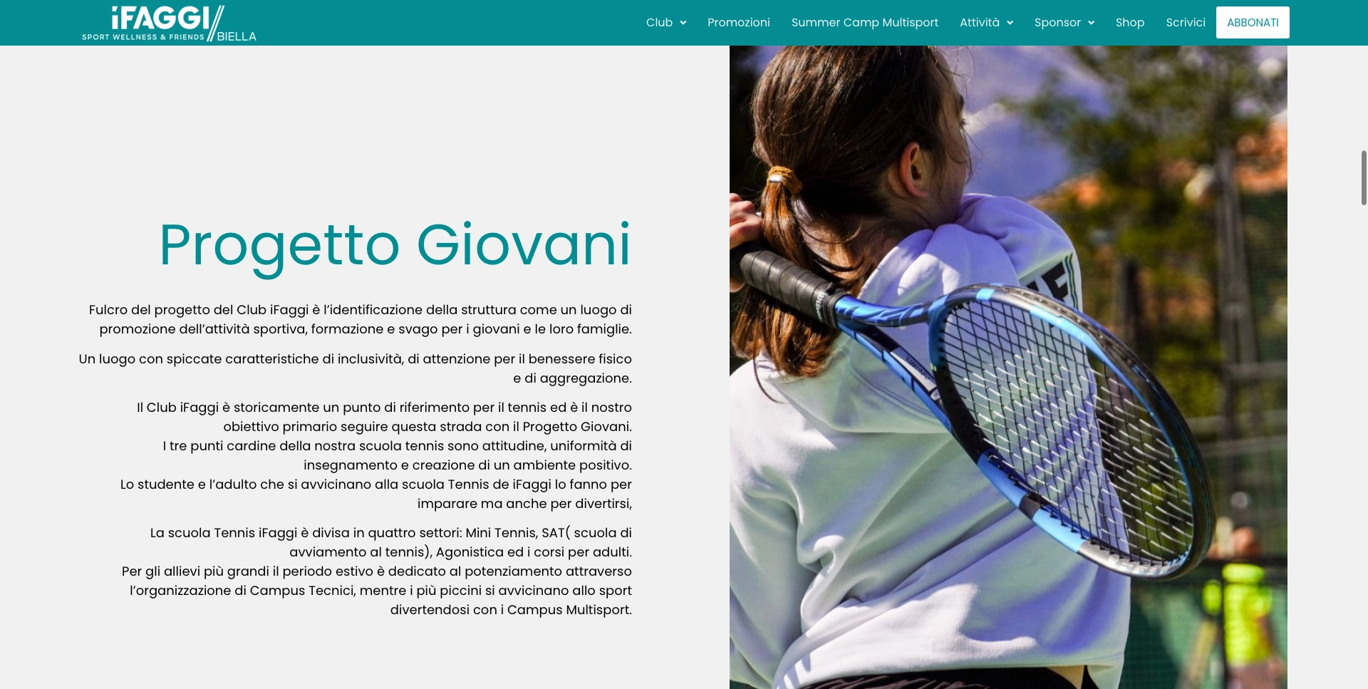Seite „Jugendprojekt“ der iFaggi-Website mit Fokus auf sportliche Ausbildung und Tennis.