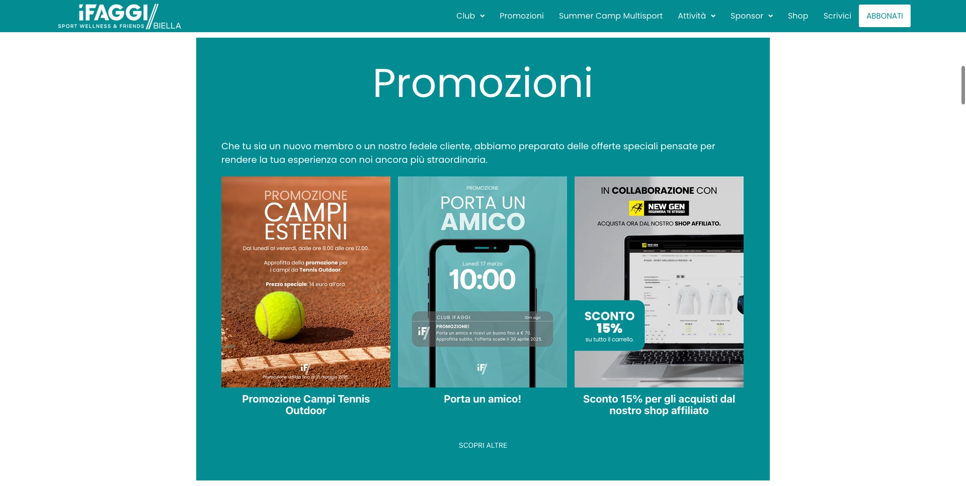 Aktionsbereich der iFaggi-Website mit Angeboten für Tennis, Empfehlungsprogramm und E-Commerce-Rabatt.