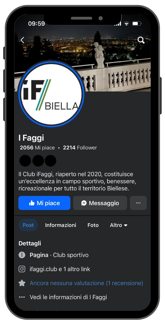 Página oficial de Facebook do iFaggi Biella visualizada num smartphone, com imagem de capa panorâmica noturna.