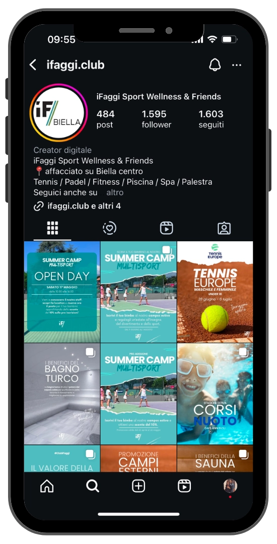 Instagram-Profil des Clubs iFaggi Biella mit werblichen Bildinhalten zu Sport- und Wellnessaktivitäten.