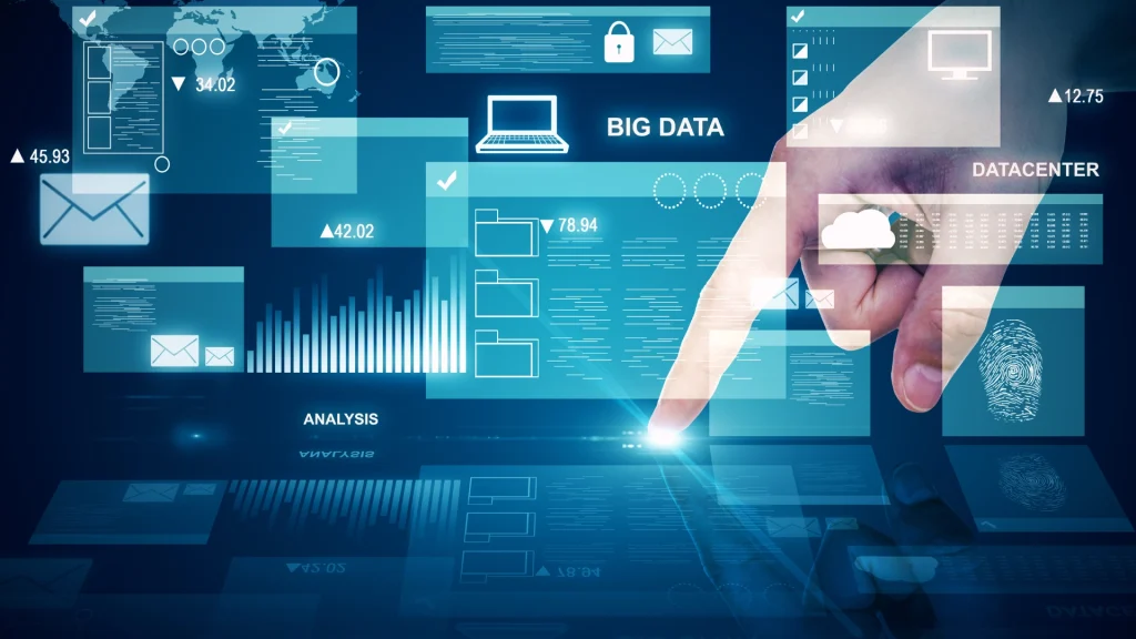 Interactive digital interface with data and graphs, visual representation of the tailor-made company digitization and the tailor-made approach applied to technology.