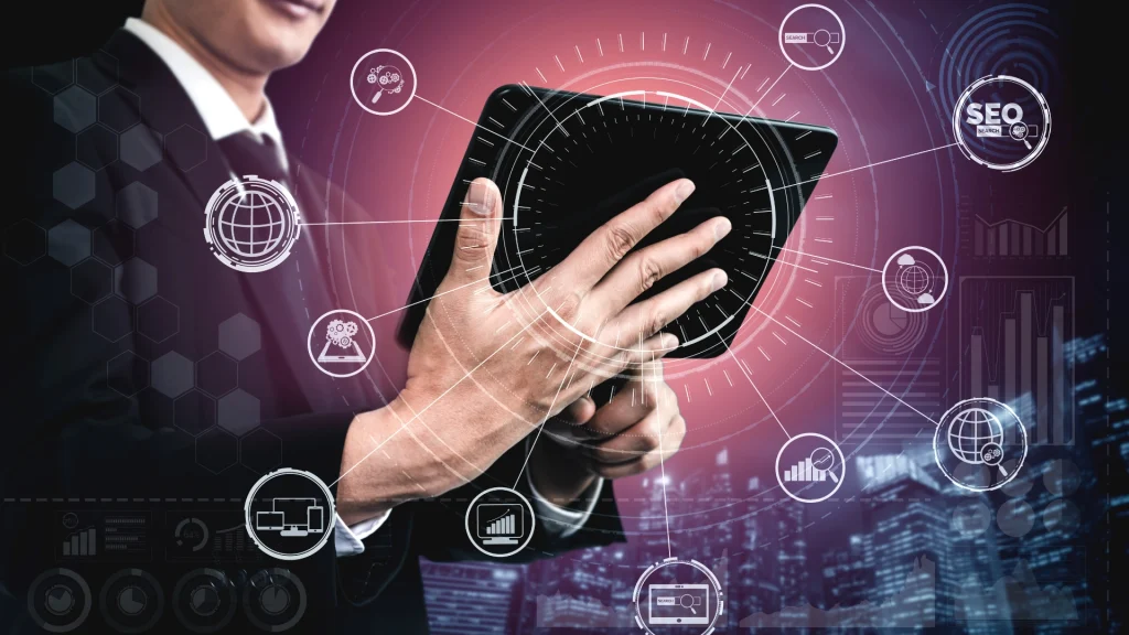 Man in suit using a tablet with digital icons and SEO symbols overlay for how to measure SEO effectiveness