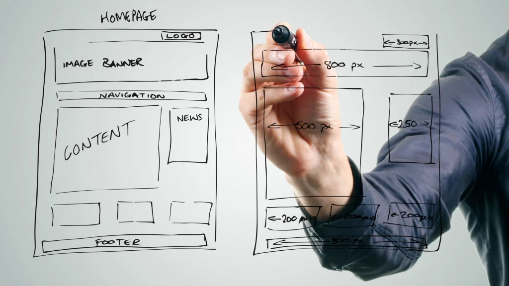 Hand drawing on glass a draft layout for a website with indications on sections, measurements and contents.