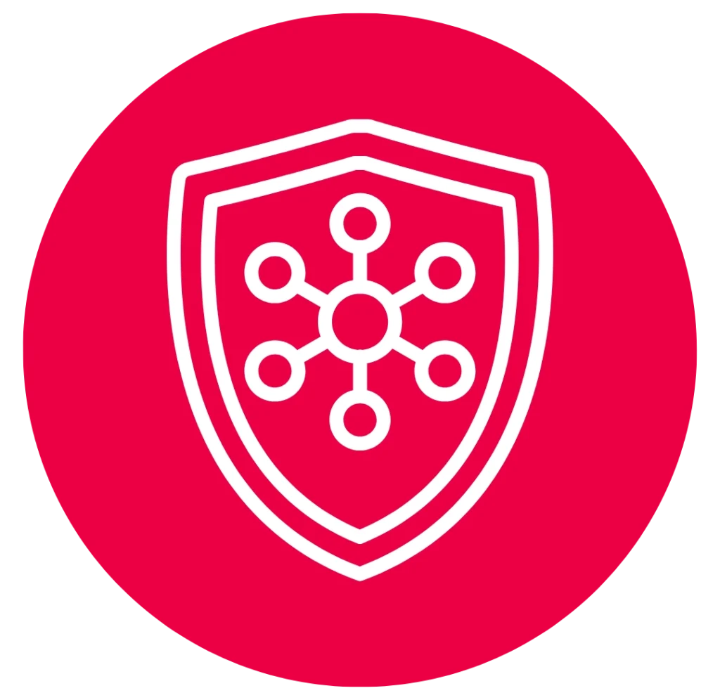Icon des Digital Security Hub von Jinni Srl mit Schild und digitalem Netzwerk zum Schutz von Unternehmensdaten