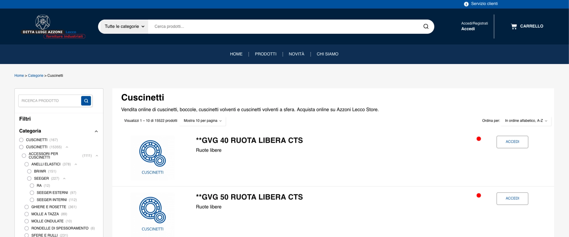 Produktkatalog von Azzoni Lecco mit Tabellenansicht in WooCommerce
