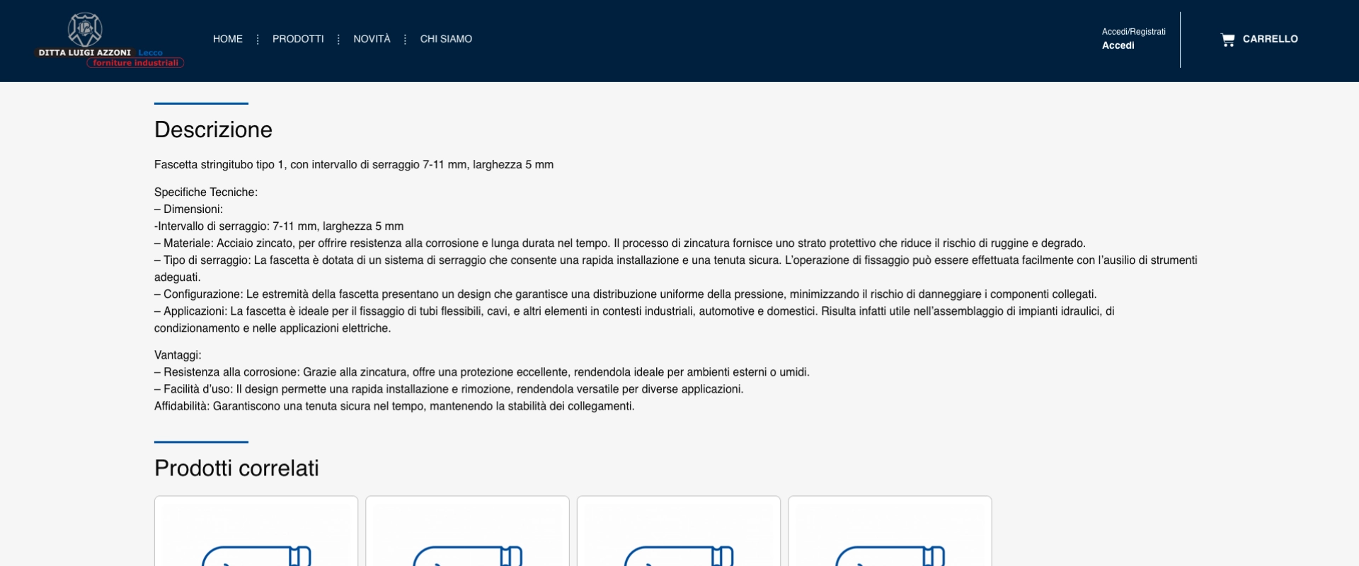 Technische Beschreibung eines Produkts im eCommerce von Azzoni Lecco, entwickelt mit WooCommerce