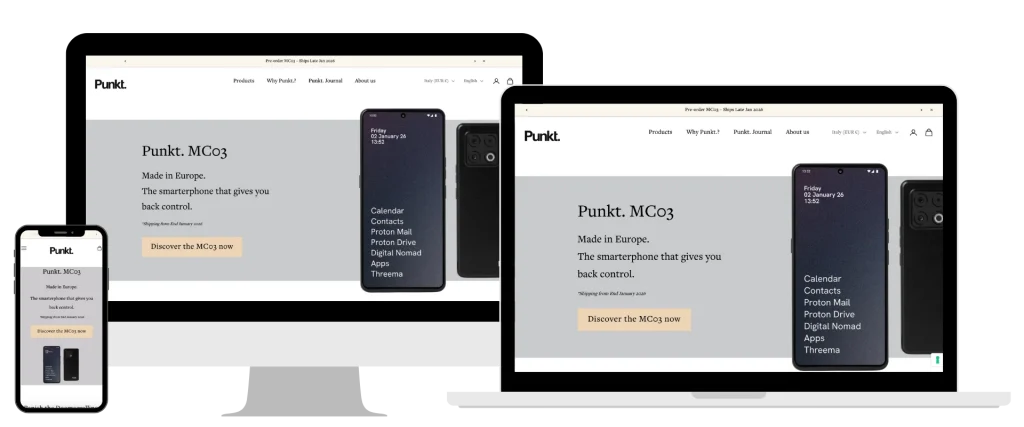 Punkt. 基于 Shopify 的电商在桌面电脑、平板电脑和智能手机上的响应式视图