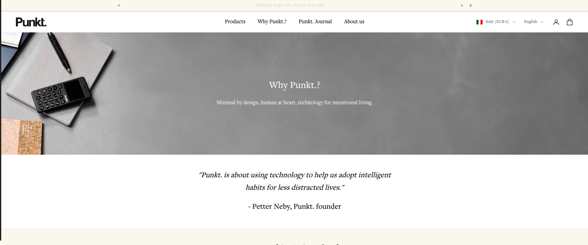 电商网站的“Why Punkt.?”板块，带有极简视觉和创始人的引言