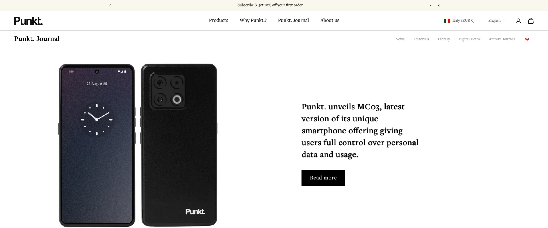 Punkt. Journal 页面，其中一篇文章介绍新款智能手机 MC03