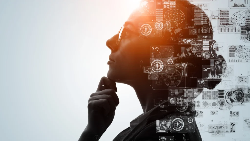 Nachdenkliche Person mit eingeblendeten digitalen Oberflächen und Technologiedaten