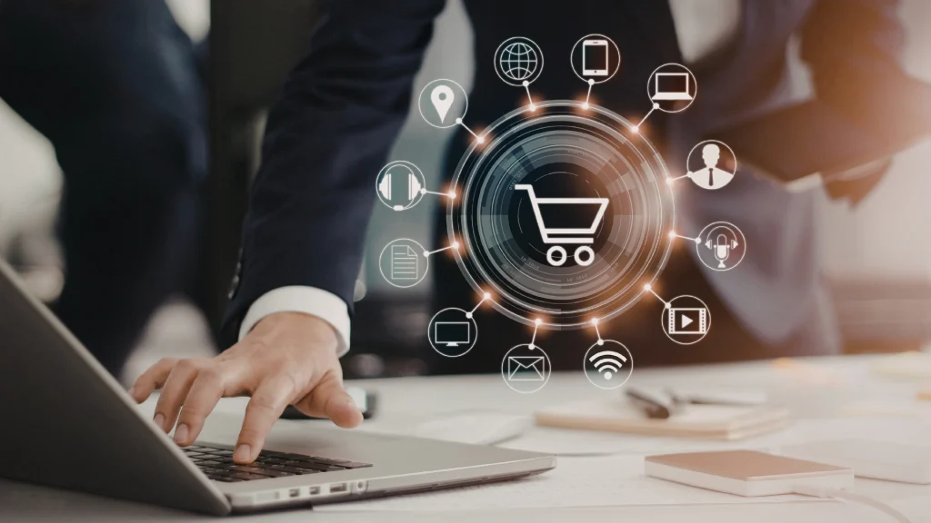 Digitale Oberfläche mit Warenkorb und verbundenen Icons als Sinnbild eines integrierten digitalen Ökosystems