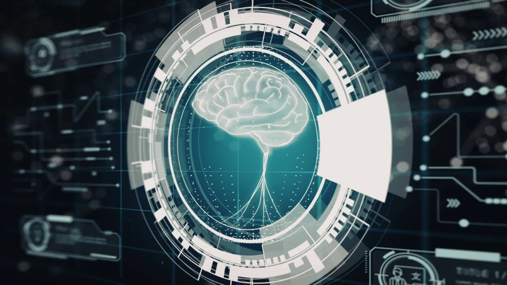 Cérebro digital com interface tecnológica que representa inteligência artificial e automação de processos