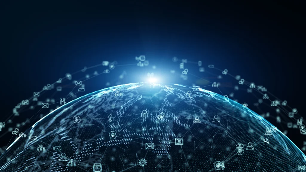 Digital globe with connections and global network icons