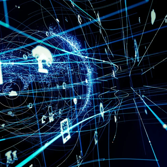 Concetto visivo di reti digitali con icone tecnologiche e flussi informativi, rappresentazione dell'AIO