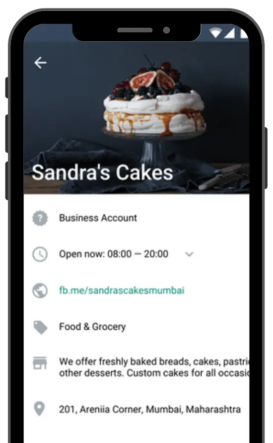 WhatsApp Business profile of a bakery shown on a smartphone with the name "Sandra's Cakes".