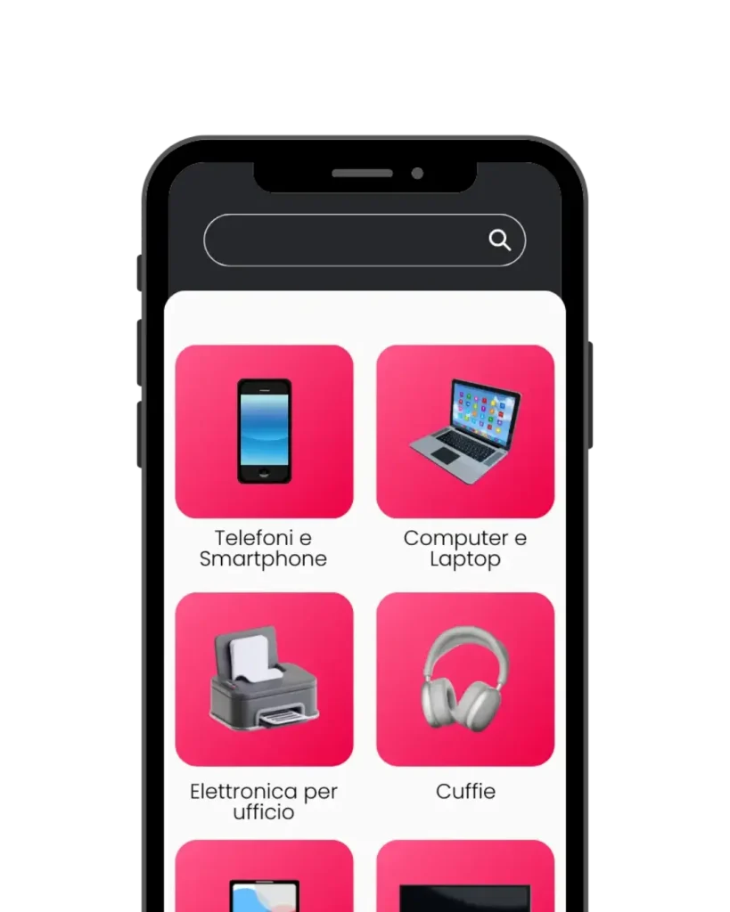 Smartphone screen with icons of electronic devices and product categories in the style of the Amazon marketplace