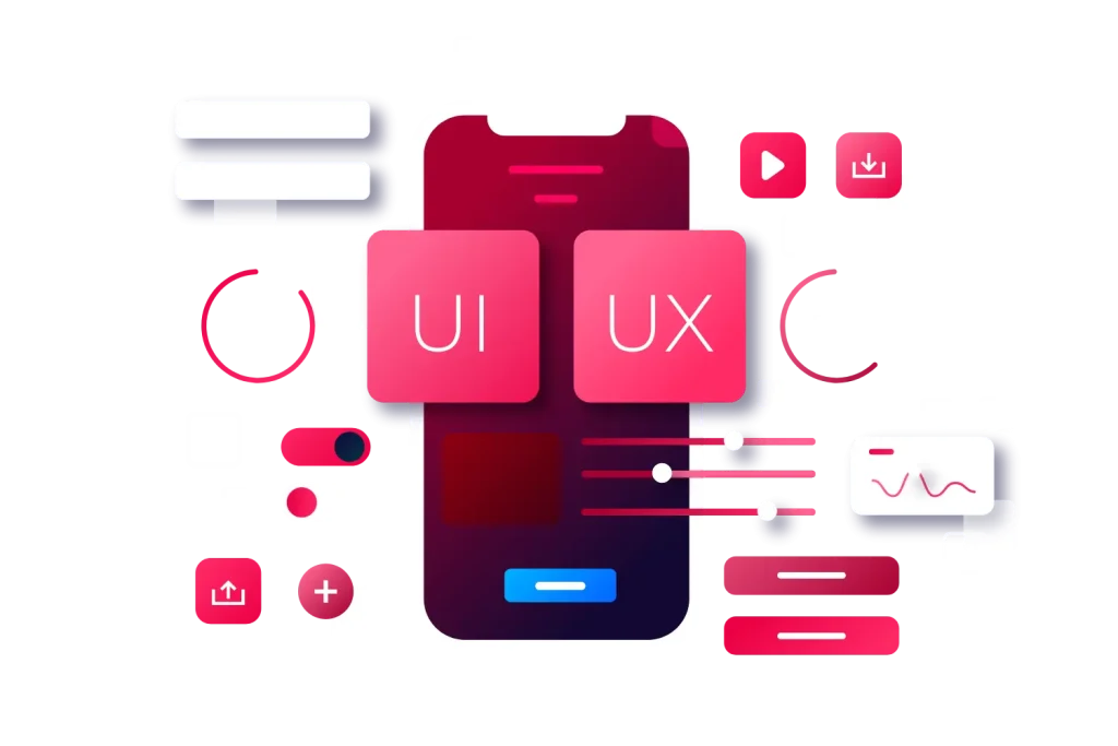 Stylized illustration of mobile interface with UI/UX design elements in evidence.