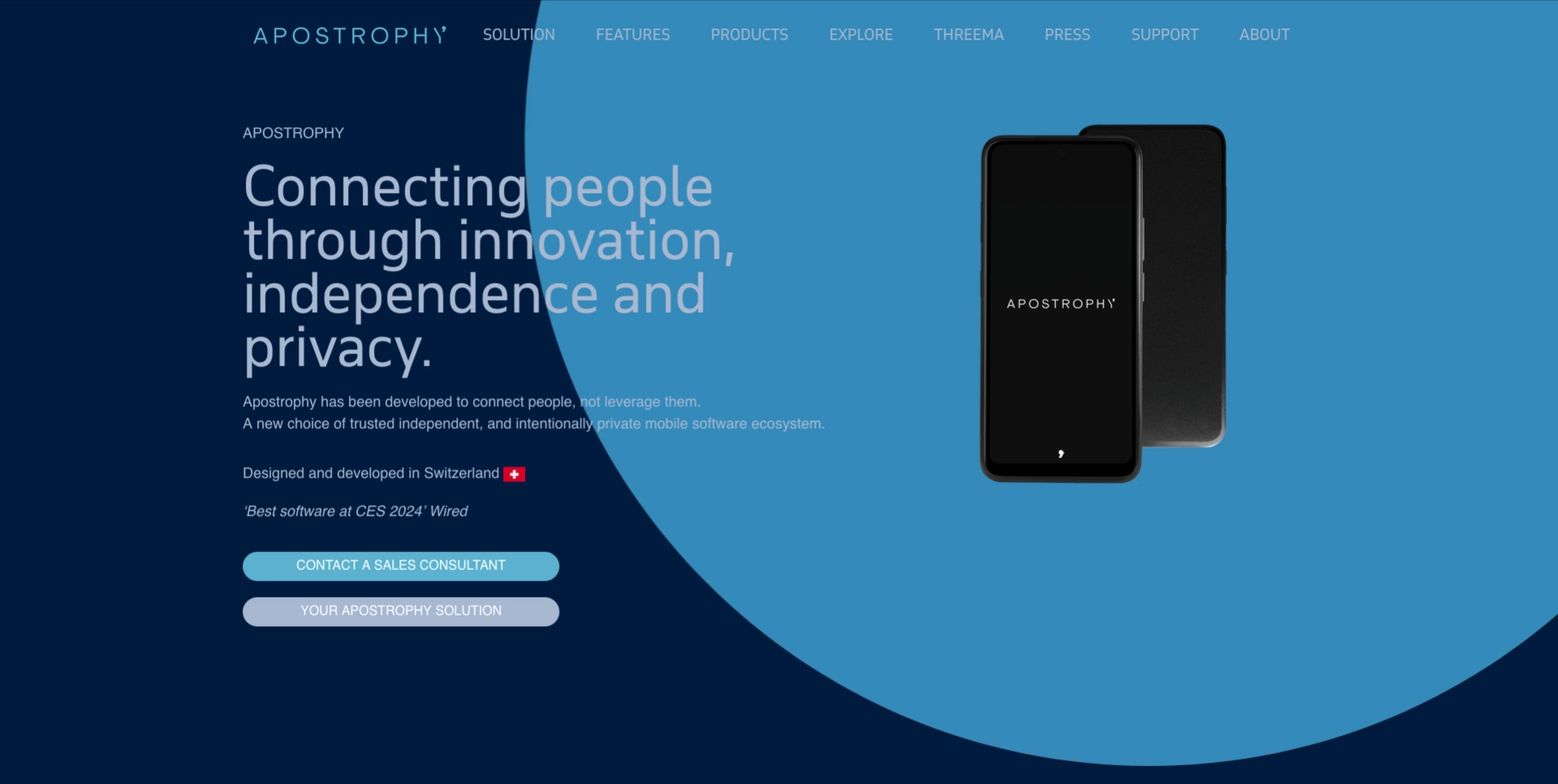 Website apostrophy.ch Pagina iniziale del sito web Apostrophy con messaggio sulla connessione umana e protezione della privacy.