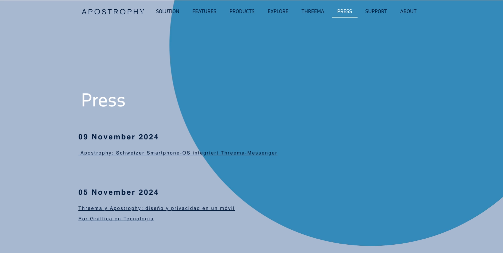 Website apostrophy.ch Sezione stampa del sito Apostrophy con articoli in tedesco e spagnolo datati novembre 2024.