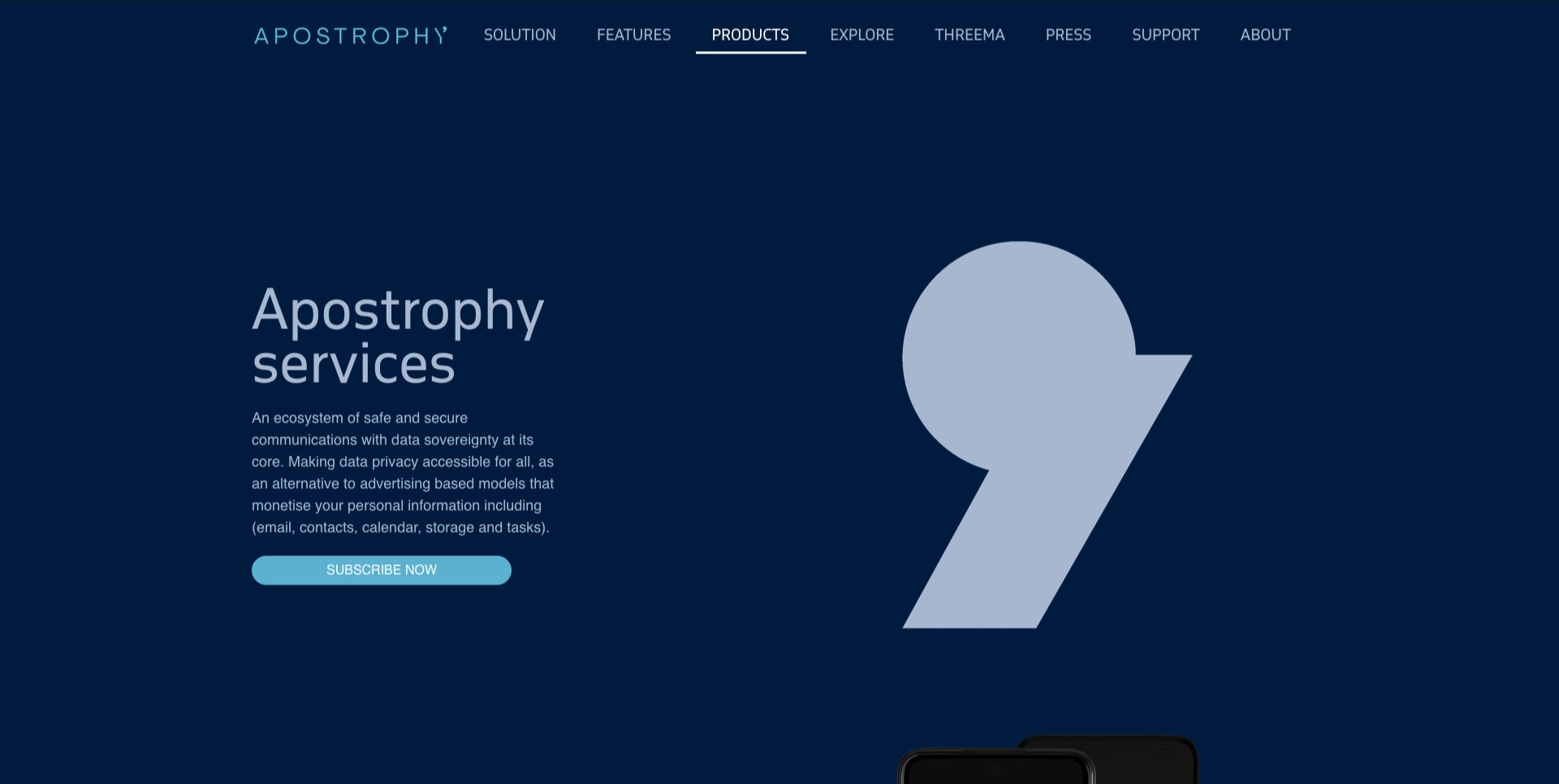 Website apostrophy.ch Sezione āProductsā del sito Apostrophy, con descrizione dellāecosistema di servizi e simbolo grafico virgola.