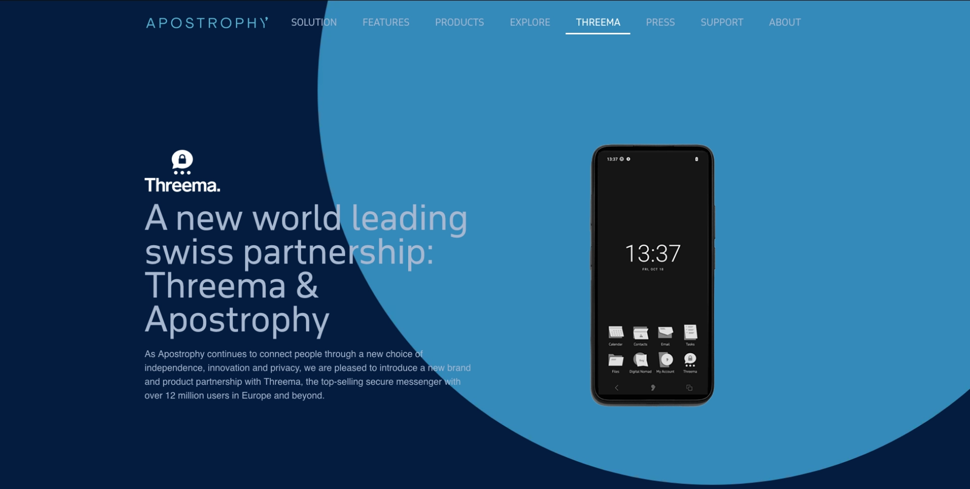Website apostrophy.ch Pagina web Apostrophy che annuncia la collaborazione con Threema, accompagnata dallāimmagine di uno smartphone con sistema operativo sicuro.