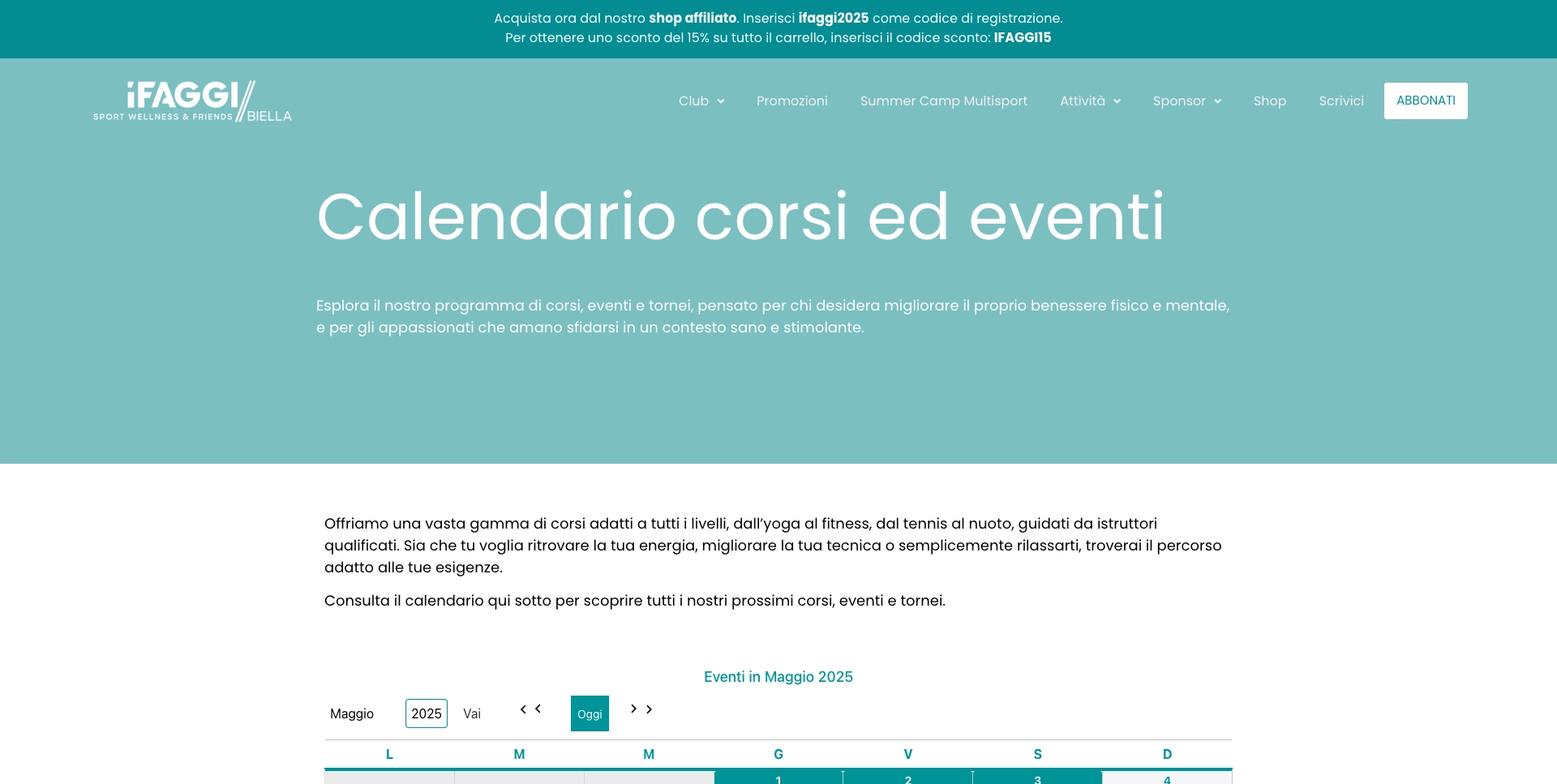 Pagina calendario corsi ed eventi del sito iFaggi con anteprima mensile e descrizione attività.