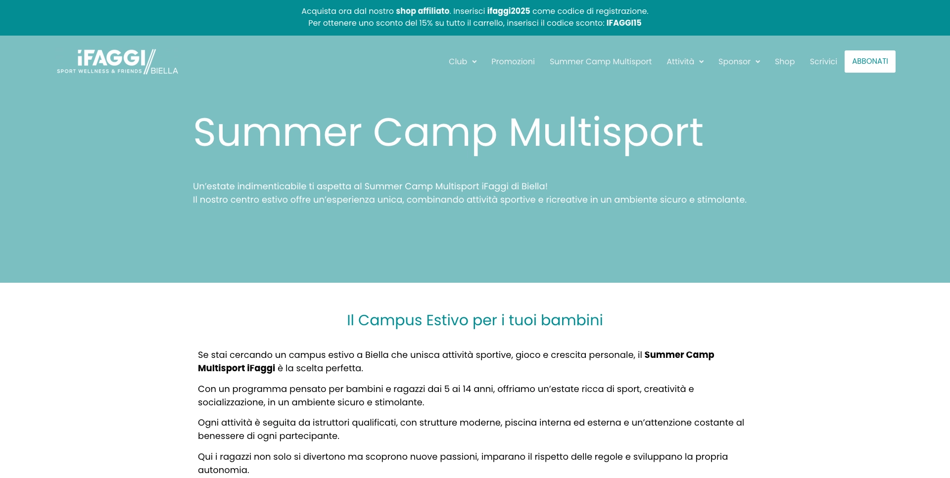 Pagina del sito iFaggi dedicata al Summer Camp Multisport per bambini dai 5 ai 14 anni.