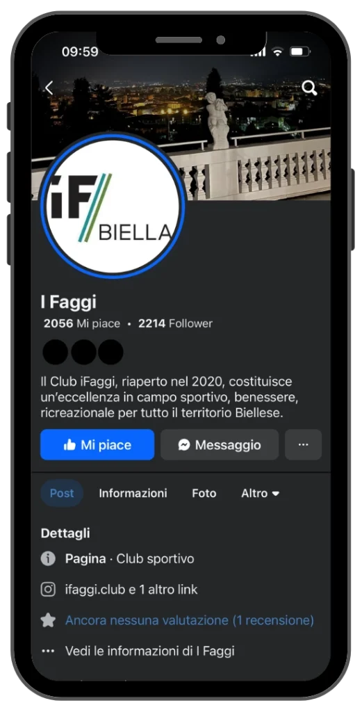 Pagina Facebook ufficiale di iFaggi Biella visualizzata su smartphone, con immagine di copertina panoramica notturna.