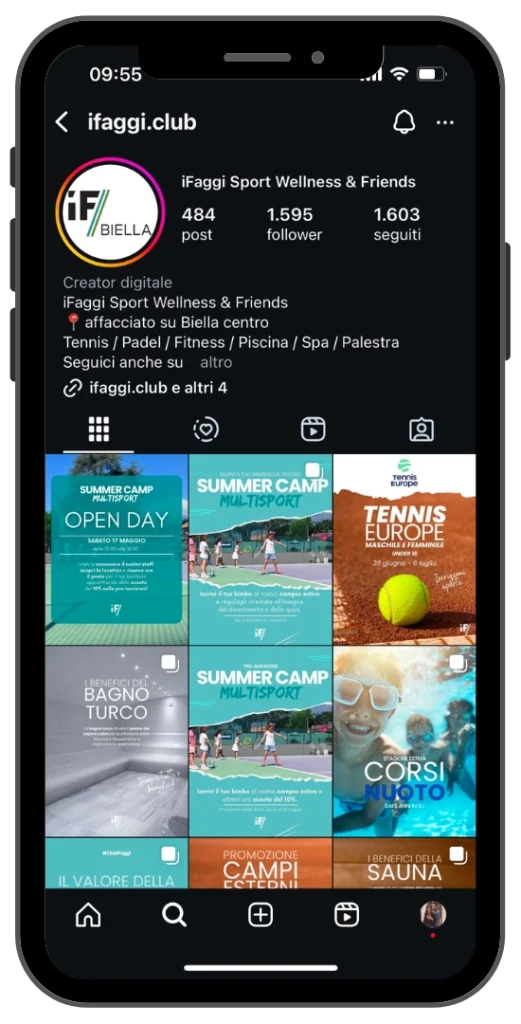 Profilo Instagram del Club iFaggi Biella con contenuti visivi promozionali per attività sportive e benessere.