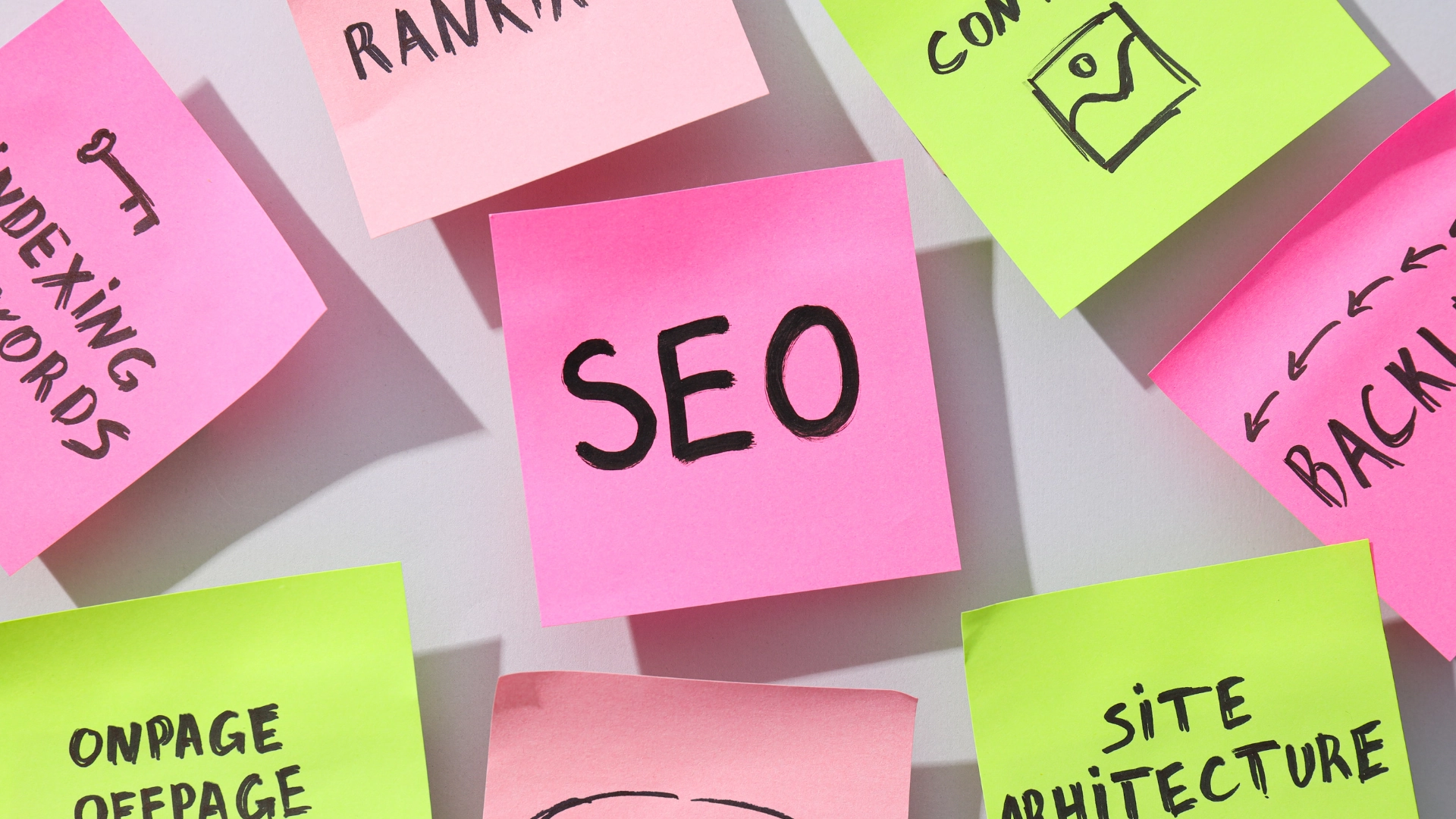 Post-it colorati con la scritta SEO al centro per articolo sulle tipologie di SEO