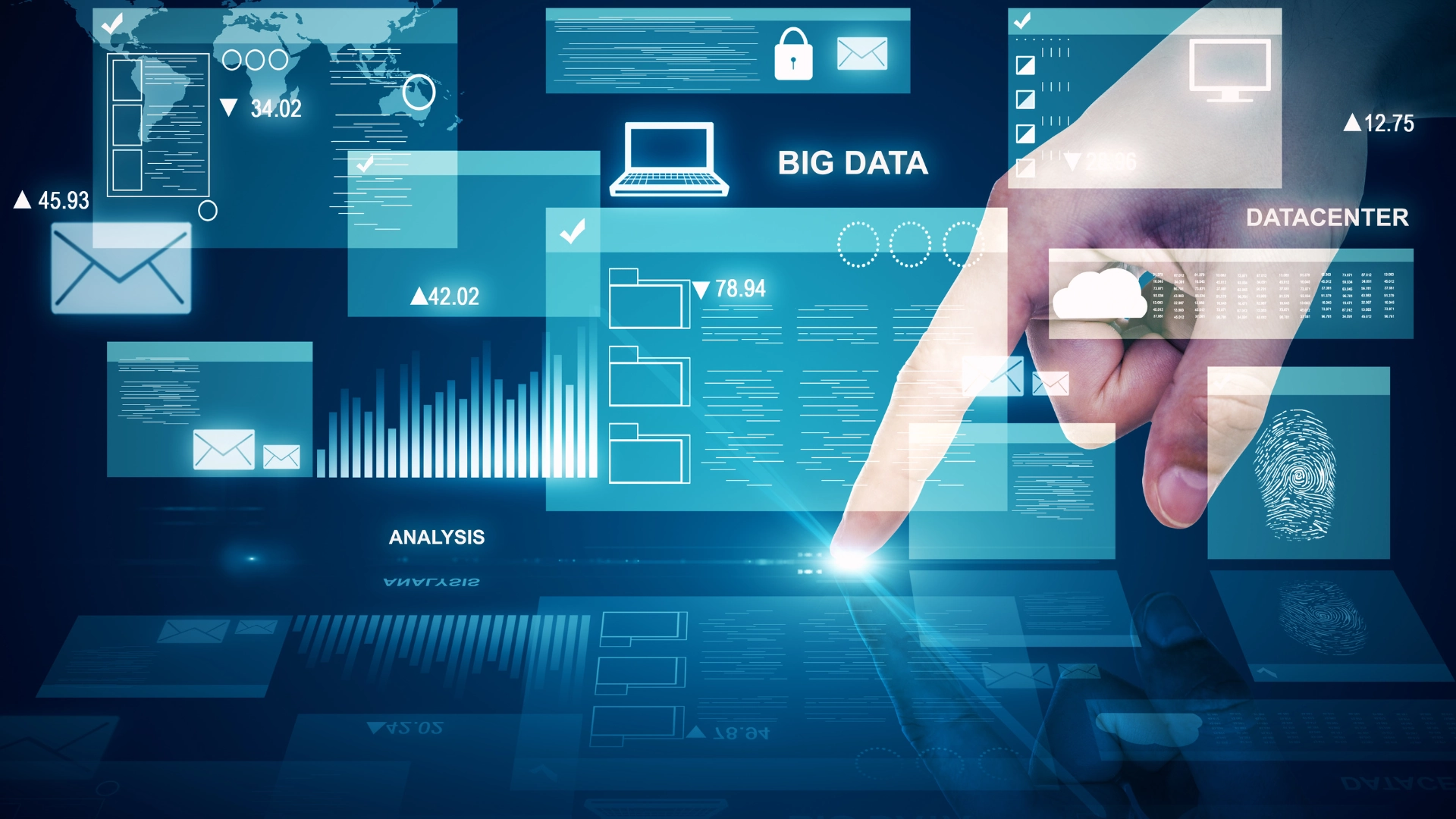 Interactive digital interface with data and graphs, visual representation of the tailor-made company digitization and the tailor-made approach applied to technology.
