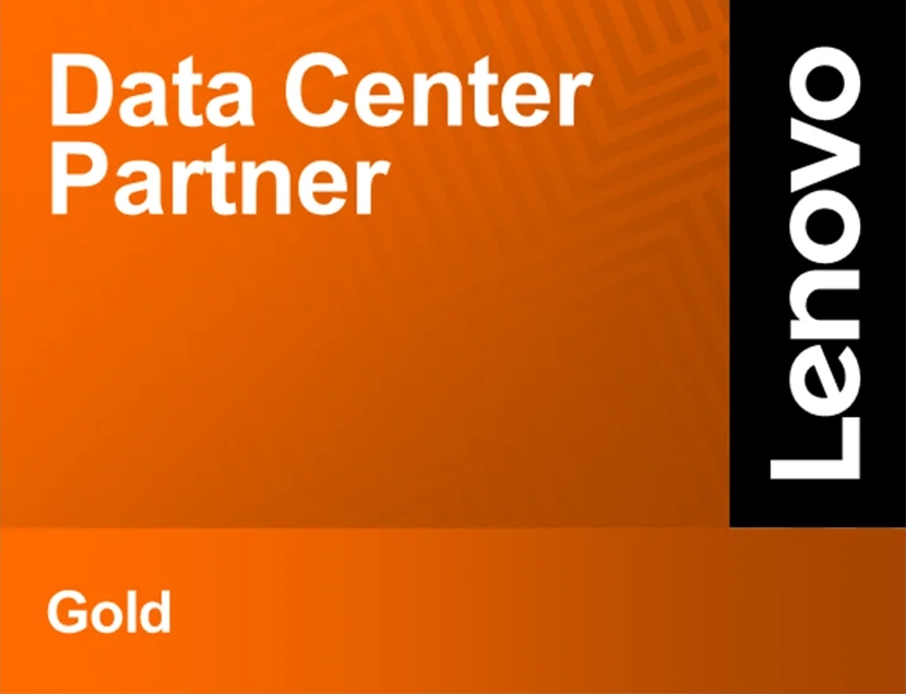 Lenovo Data Center Partner Gold badge on an orange background.