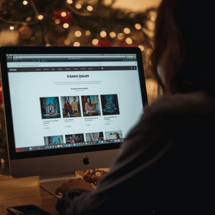 Persona al computer con luci natalizie sullo sfondo, metafora della valutazione della presenza digitale e del sito web aziendale a fine anno